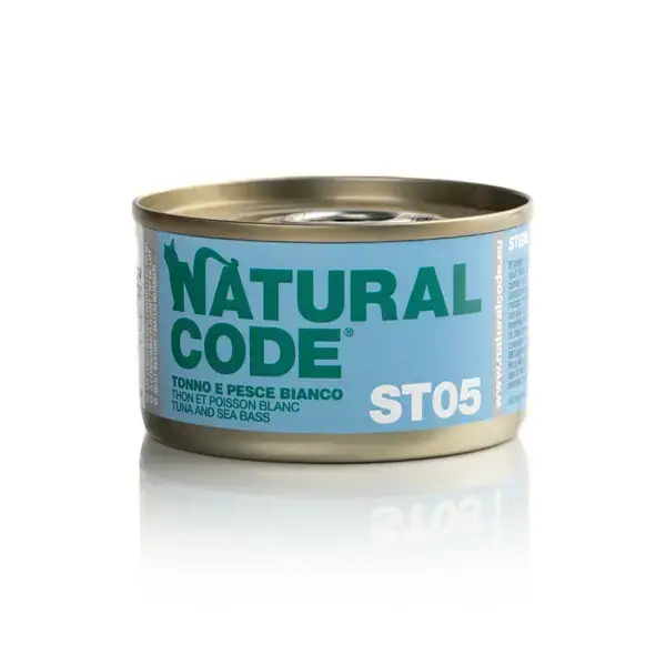 Nowość NATURAL CODE ST05 tuńczyk i okoń morski - mokra karma dla kotów sterylizowanych, puszka 85g