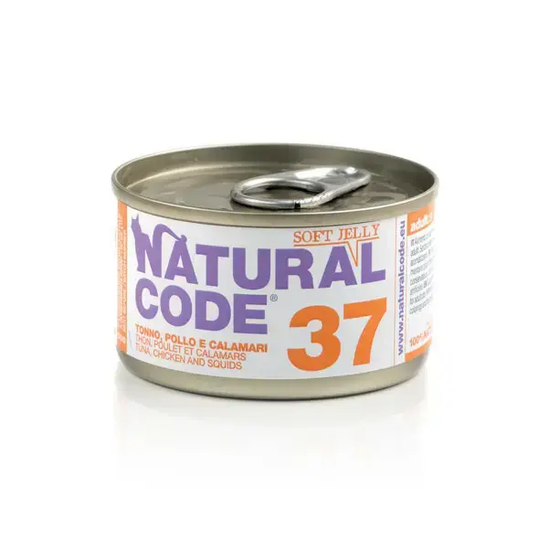 Darmowy zwrot NATURAL CODE 37 tuńczyk, kurczak, kałamarnica w delikatnej galaretce - mokra karma dla kota, puszka 85g