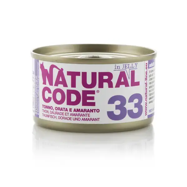 NATURAL CODE 33 tuńczyk, dorada i amarantus w galaretce - mokra karma dla kota, puszka 85g Cena promocyjna
