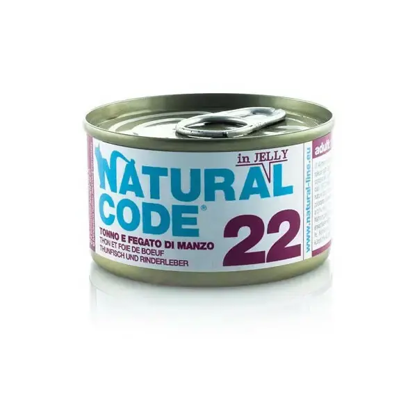 Darmowy zwrot NATURAL CODE 22 tuńczyk i wątróbka wołowa w galaretce - mokra karma dla kota, puszka 85g