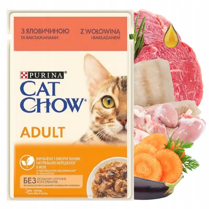 Dostępne od ręki Purina Cat Chow mokra karma dla kota galaretka Wołowina z Bakłażanem 85g