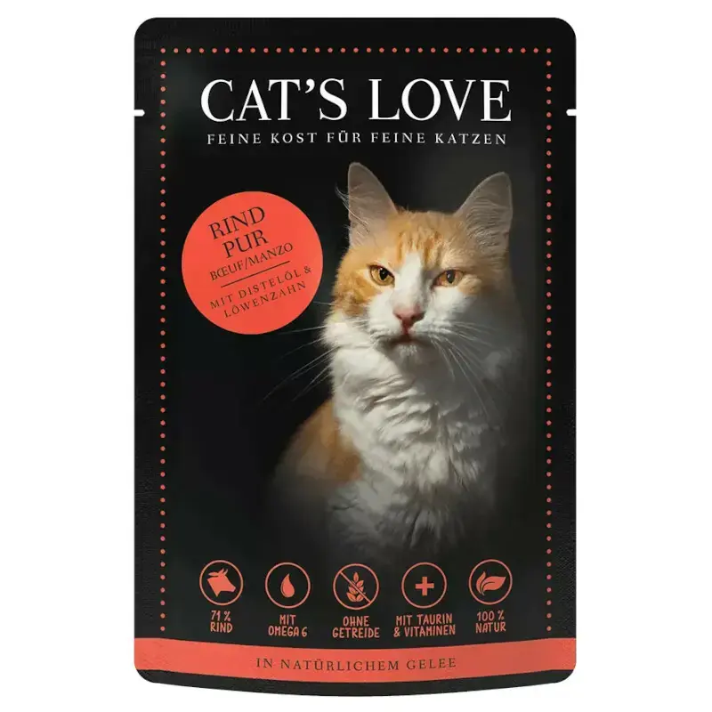 CAT’S LOVE Rind Pur – Wołowina z olejem szafranowym i mniszkiem lekarskim, saszetka 85g Tani