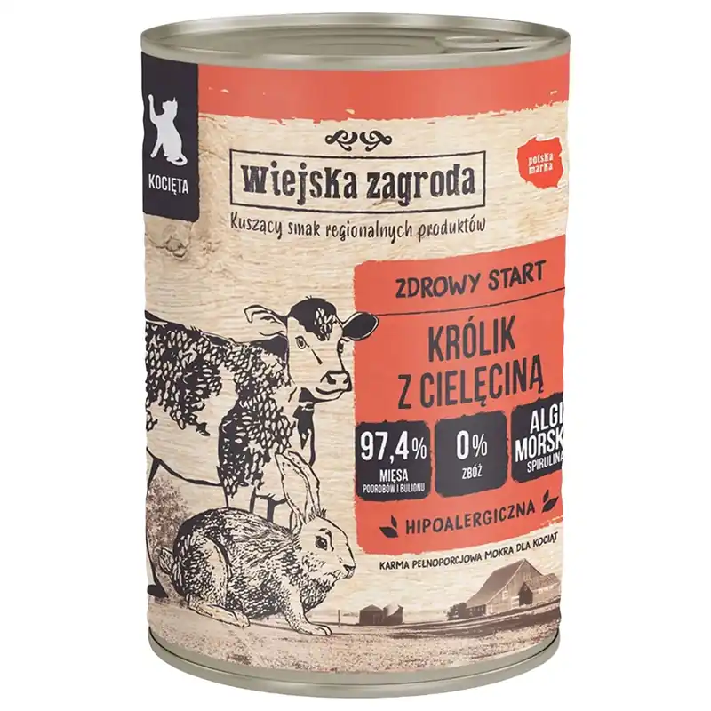 Najlepsza cena WIEJSKA ZAGRODA Bezzbożowa Karma mokra dla Kociąt Królik Cielęcina 400g