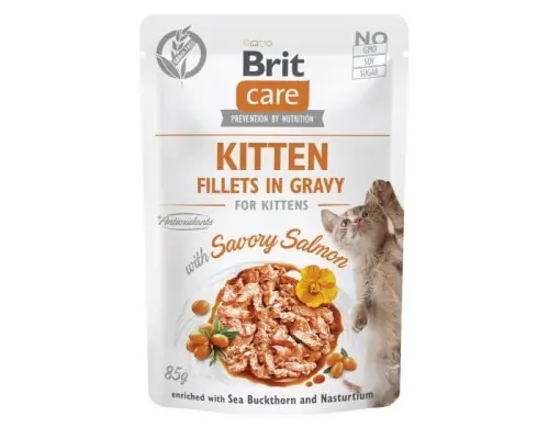 Taniej Brit Care Cat Kitten Fillets in Gravy z 艁ososiem, Rokitnikiem i Nasturcj膮 85g