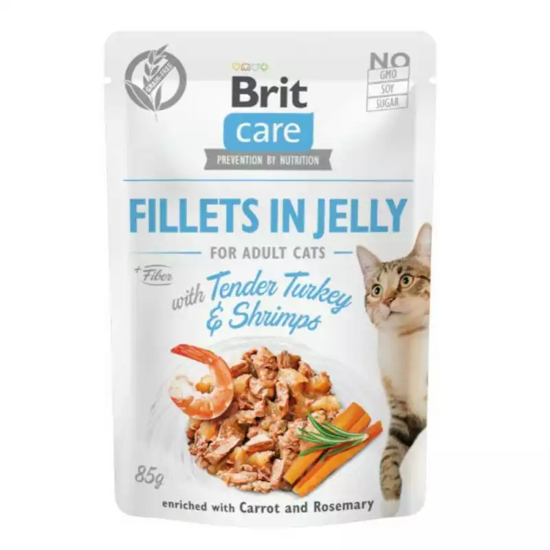 Popularny Brit Care Cat Pouch, Indyk i krewetki w galaretce - mokra karma dla kota, saszetka 85g