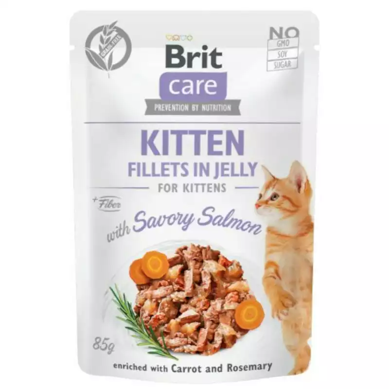 Rabat Brit Care Cat Pouch kitten, Filety z łososia w galaretce - mokra karma dla kota, saszetka 85g