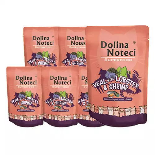 Niska cena DOLINA NOTECI Superfood cielęcina, homar i krewetki 10 X 85G PAKIET mokra karma dla kota