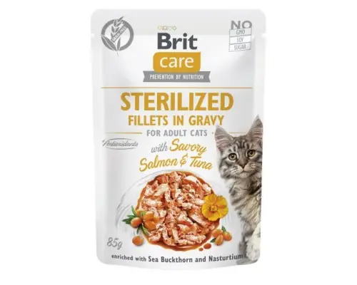 Brit Care Cat Sterilized Fillets in Gravy z 艁ososiem i Tu艅czykiem, Rokitnikiem i Nasturcj膮 85g Popularny
