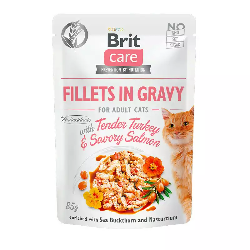 Brit Care Cat Pouch, Filety z łososia z indykiem w sosie - mokra karma dla kota, saszetka 85g Najlepsza cena