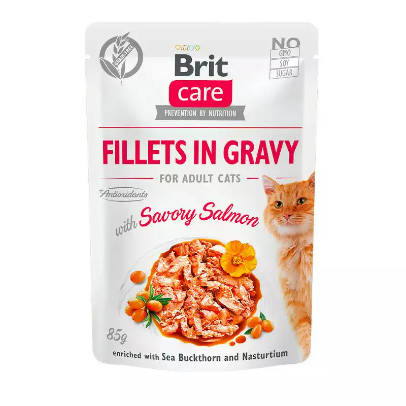 Bezpieczne zakupy Brit Care Cat Pouch, Filety z łososia w sosie - mokra karma dla kota, saszetka 85g