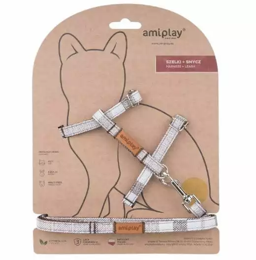 Oferta czasowa Amiplay - Szelki + smycz dla kota, kolekcja London, wzór brązowy