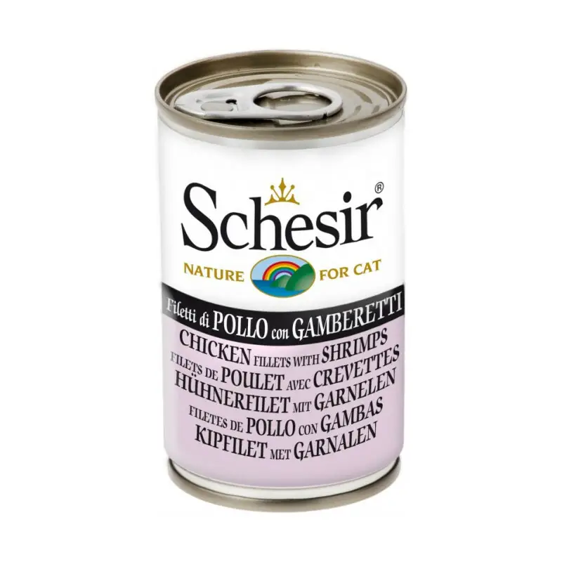 SCHESIR Filet z kurczaka i z krewetkami, mokra karma dla kotów, puszka 140g Zamów dziś