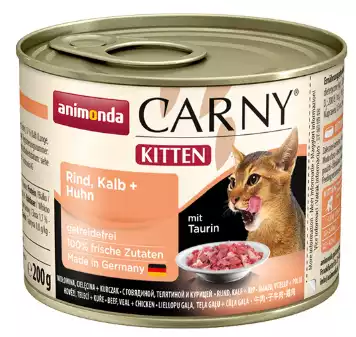 Darmowy zwrot ANIMONDA Carny Kitten Wołowina, Kurczak + Cielęcina - smakowita mokra karma dla kociąt, puszka 200 i 400g