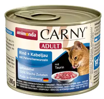 Bestseller ANIMONDA Carny Adult Wołowina, Dorsz + korzeń pietruszki - pełnowartościowa karma dla dorosłych kotów, puszka 200 i 400g