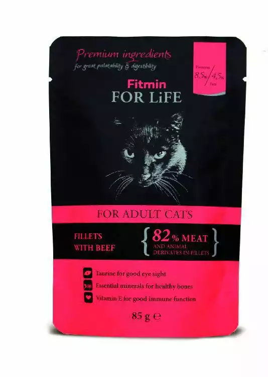 Wyprzedaż FITMIN For Life Cat Pouch Adult Beef mokra karma saszetka dla kota 85g
