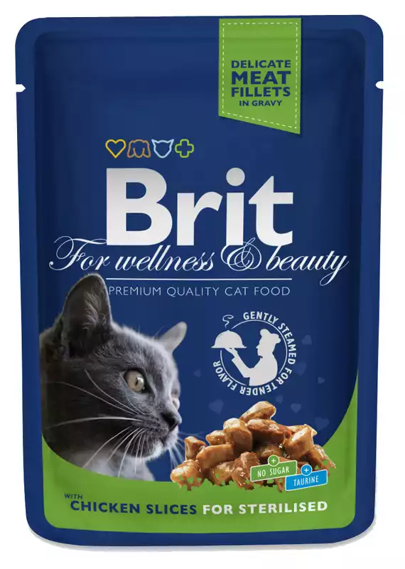 Nowy BRIT Premium Kawałki Kurczaka w Sosie - karma dla wysterylizowanych kotów, saszetka 100g