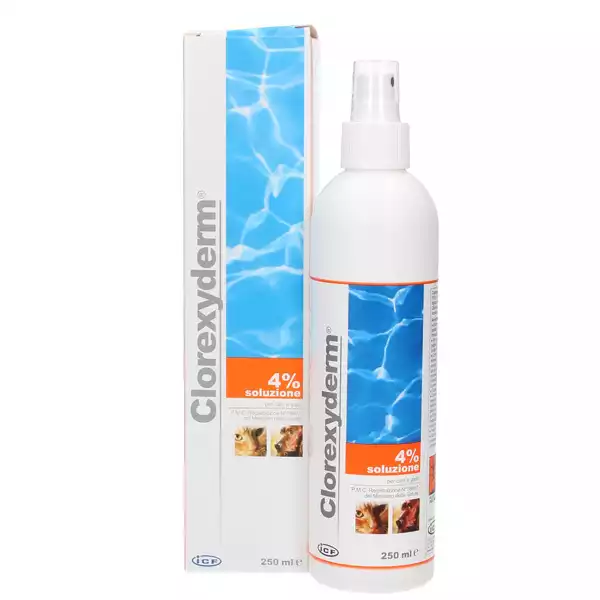 Nie przegap CLOREXYDERM Soluzione 4% Spray - Preparat bakterio- i grzybiczobójczy, zapobiegający zakażeniom skóry dla psów i kotów, 200 ml
