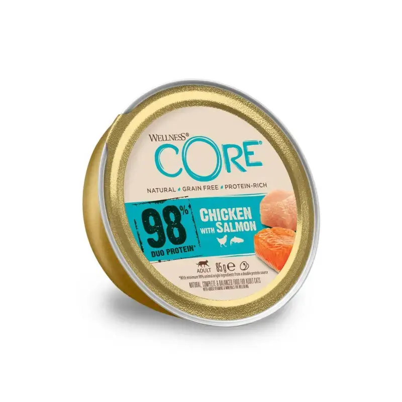 Oferta limitowana WEELNESS Core 98 Duo Protein, karma mokra, dla dorosłych kotów, kurczak i łosoś, 85g, szalka