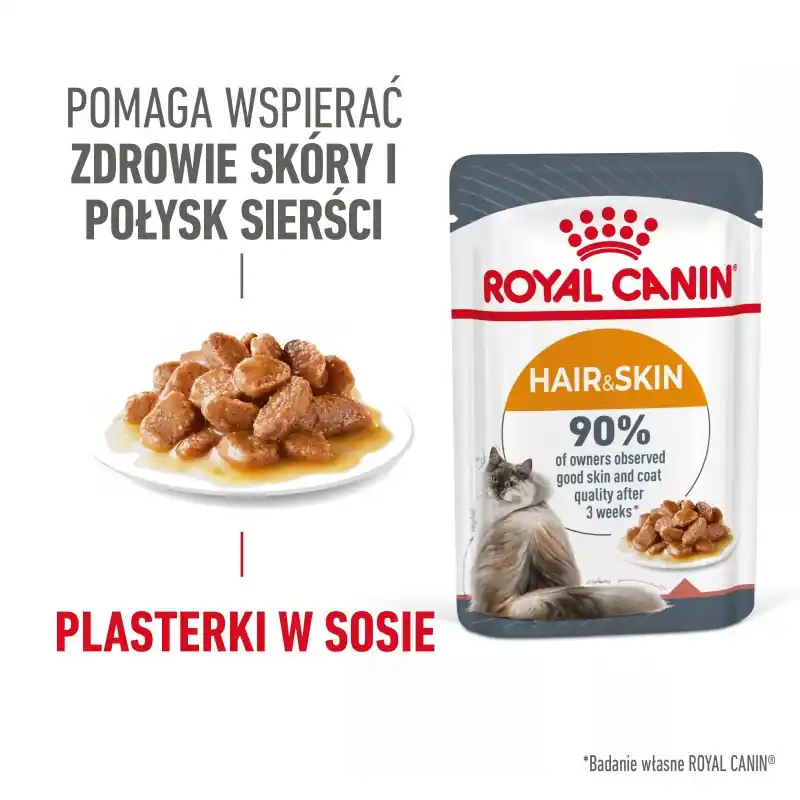 Promocja ROYAL CANIN Hair & Skin Care karma mokra, plasterki w sosie dla kotów dorosłych, lśniąca sierść i zdrowa skóra