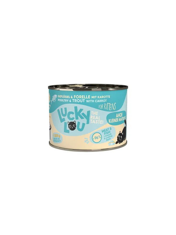 Lucky Lou Lifestage Kitten Drób i pstrąg puszka 200g Łatwy zwrot