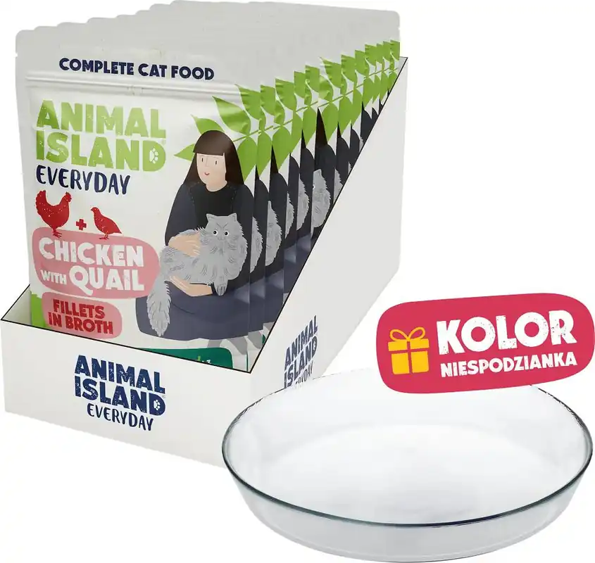 Dodaj do koszyka Animal Island Everyday Chicken&Quail in Broth Karma z kurczakiem i przepiórką w rosole dla kota 12x85g + Talerzyk GRATIS