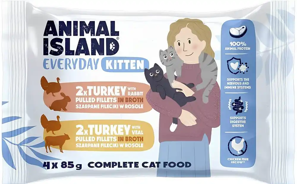 Szybka dostawa Animal Island Everyday Kitten Turkey with Rabbit & Turkey with Veal in Broth Karma z indykiem, królikiem i cielęciną w rosole dla kociąt 4x85g