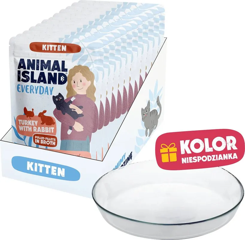 Wyjątkowa oferta Animal Island Everyday Kitten Turkey&Rabbit in Broth Karma z indykiem i królikiem w rosole dla kociąt 12x85g + Talerzyk GRATIS