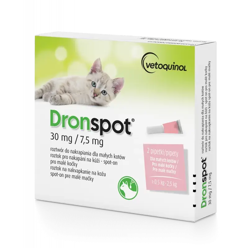 VETOQUINOL Dronspot 30 mg / 7,5 mg dla małych kotów o wadze 0,5 do 2,5 kg (2 pipety) Nie przegap