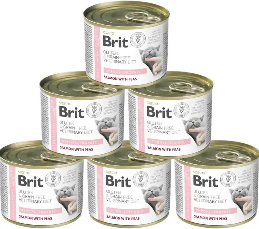 Łatwy zwrot Brit Veterinary Diet Hypoallergenic Salmon&Pea Karma z łososiem dla kota 6x200g PAKIET