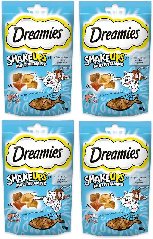 Dreamies Shake Ups Multivitamins Przysmak Uczta z owocami morza dla kota 4x55g PAKIET Ostatnia szansa