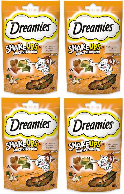 Dreamies Shake Ups Multivitamins Przysmak z kurczakiem, kaczką i kocimiętką dla kota 4x55g PAKIET Do wyczerpania zapasów