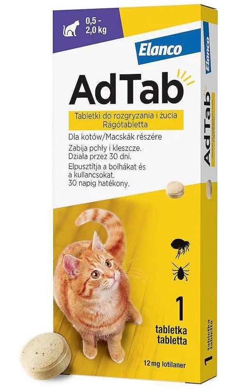 Ekspresowa dostawa Elanco AdTab dla Kota o wadze 0.5-2kg Tabletka na pchły i kleszcze 1szt.
