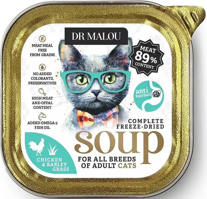 Premium Dr Malou Anti Hairball Freeze Dried Soup Liofilizowana Zupka z kurczakiem i trawą jęczmienną dla kota 12g