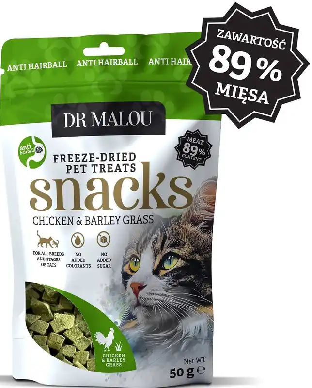 Dr Malou Freeze Dried Anti Hairball Liofilizowane Przysmaki z kurczakiem trawą jęczmienną dla kota 50g Kup teraz