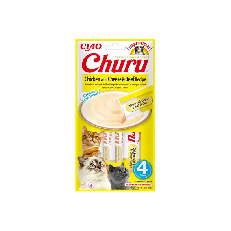 Wysoka jakość INABA CAT CHURU kurczak z serem i wołowiną 4x 14g (56g)