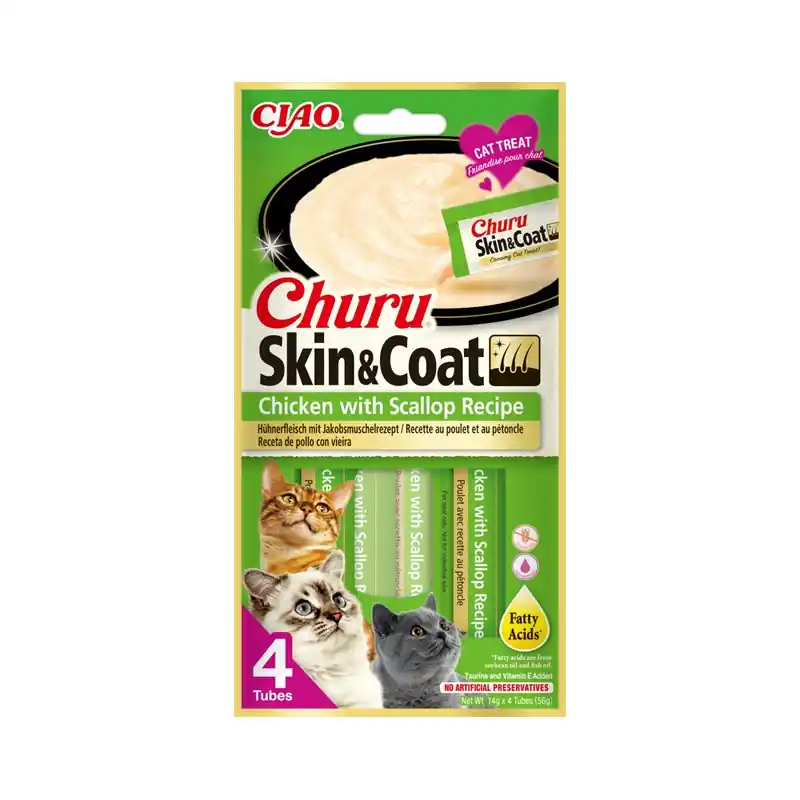 Wyprzedaż INABA CAT CHURU SKIN & COAT kurczak z przegrzebkiem 4x14g (56g)