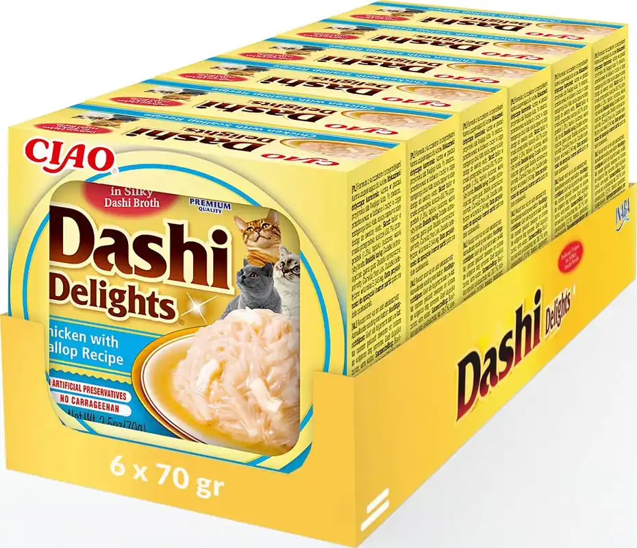 Oferta limitowana Inaba Ciao Dashi Delights Chicken with Scaloop Karma z kurczakiem i przegrzebkami dla kota 6x70g PAKIET