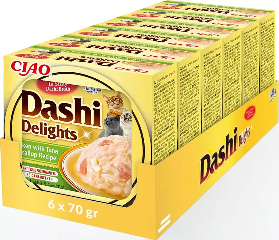 Szybka wysyłka Inaba Ciao Dashi Delights Chicken, Tuna&Scallop Karma z kurczakiem i tuńczykiem dla kota 6x70g PAKIET