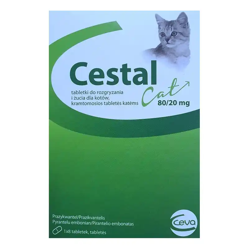 CESTAL Cat 80/20mg - tabletki do rozgryzania i żucia dla kotów na odrobaczanie 8szt. (kartonik) Szybka dostawa