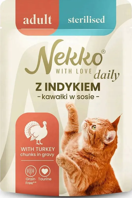 Nekko Daily Adult Sterilised Mokra Karma z indykiem w sosie dla kota 85g Łatwy zwrot