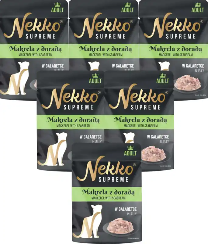 Do wyczerpania zapasów Nekko Supreme Adult Karma z makrelą i doradą w galaretce dla kota 12x70g PAKIET