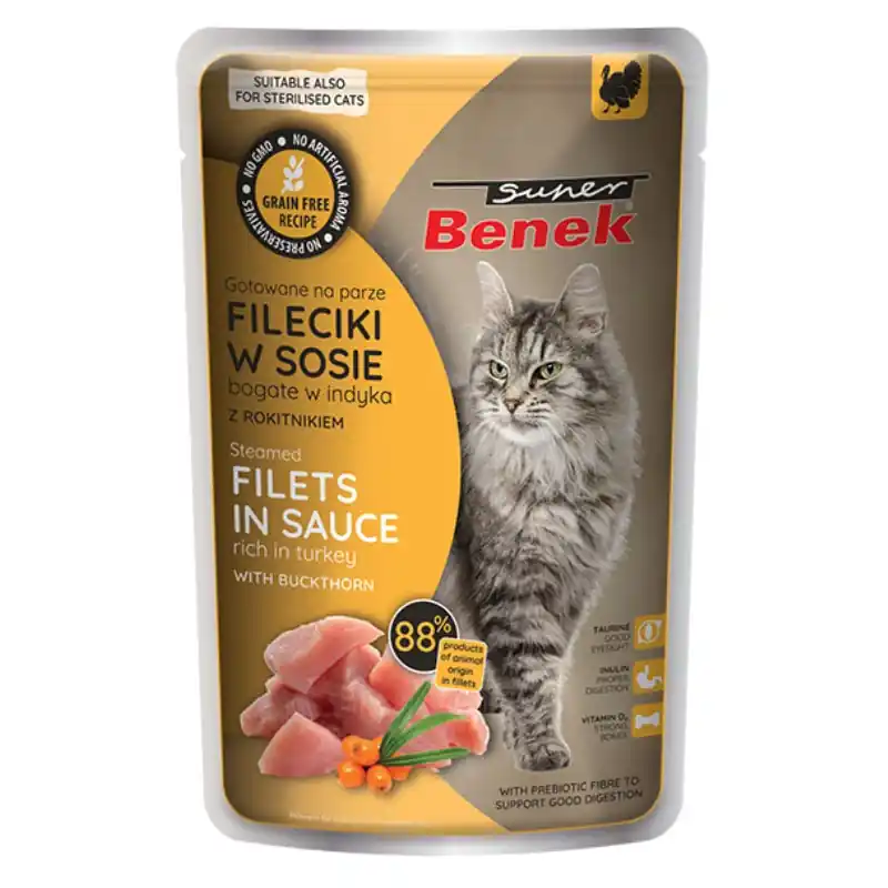 SUPER BENEK Bezzbożowe fileciki z indyka z rokitnikiem w sosie 85g Bezpieczna płatność