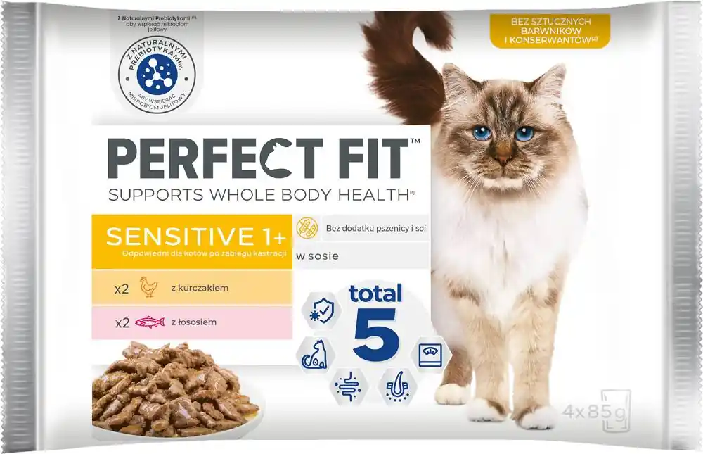 Perfect Fit Sensitive 1+ Karma z kurczakiem i łososiem w sosie dla kota 4x85g Okazja