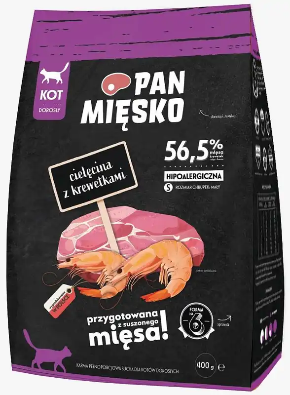 Hit sprzedaży Pan Mięsko CAT Small Karma z cielęciną i krewetkami dla kota 400g