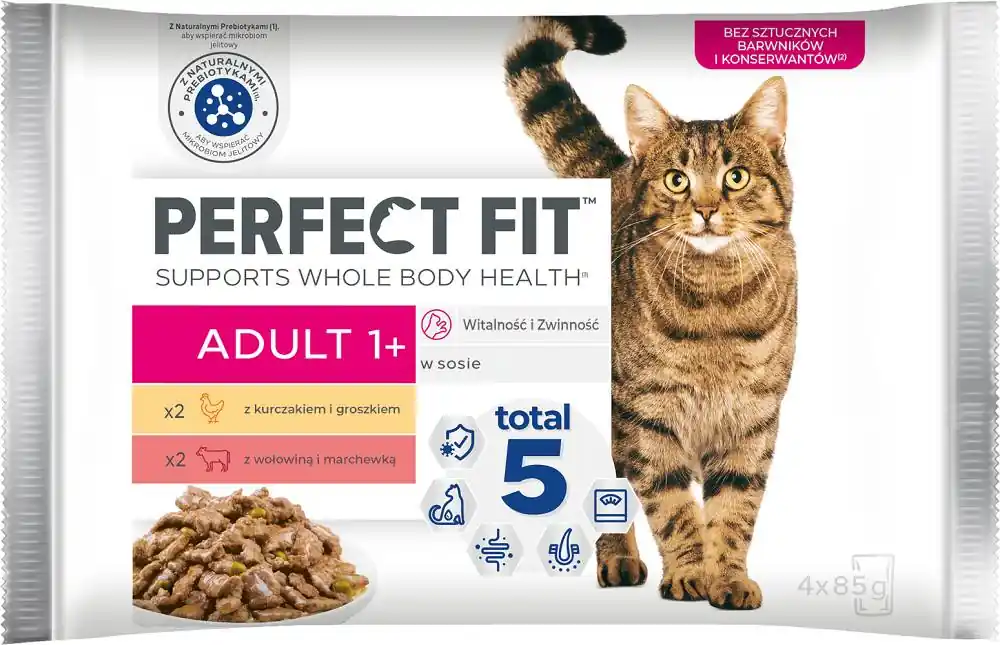 Perfect Fit Adult 1+ Karma z kurczakiem i wołowiną w sosie dla kota 4x85g Hit cenowy