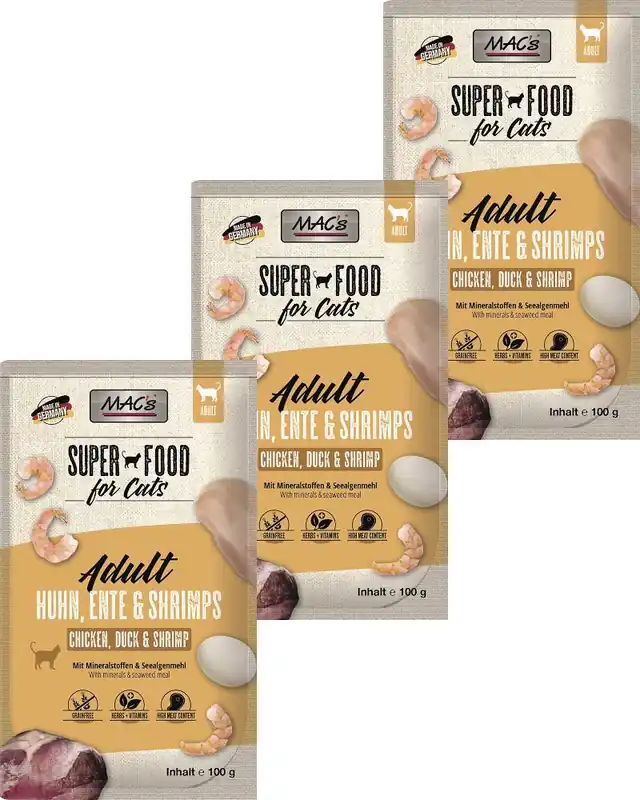 Oferta czasowa Mac‘s Cat Adult Karma z kurczakiem, kaczką i krewetkami dla kota 12x100g PAKIET