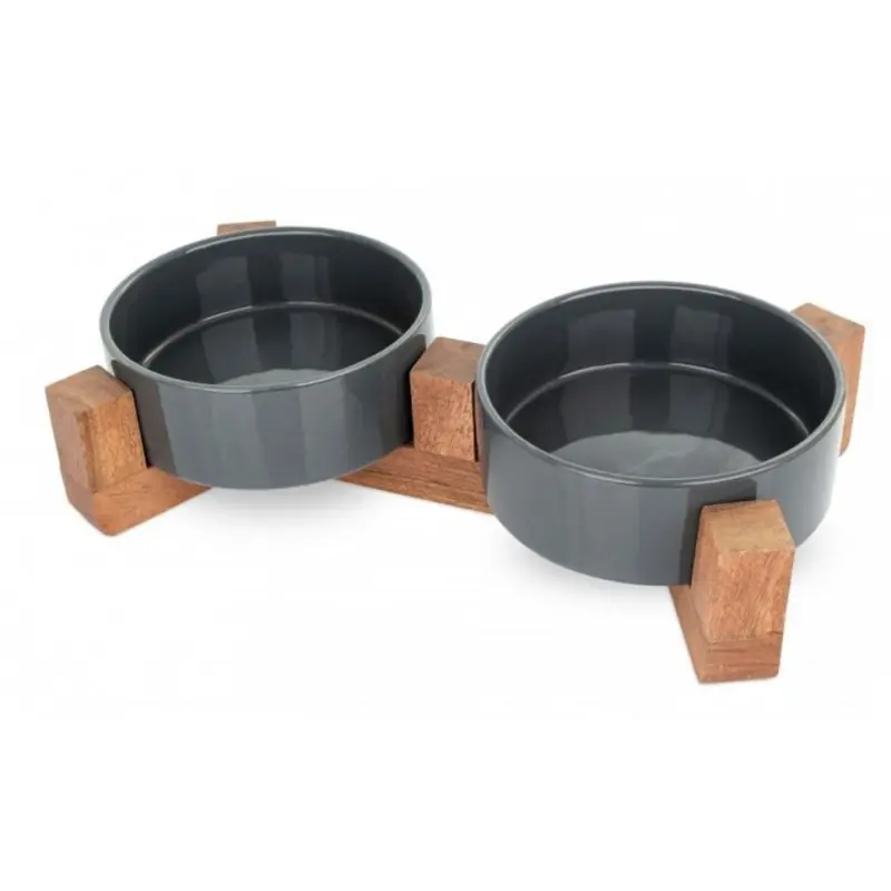 BARRY KING Zestaw 2 misek ceramicznych dla kota na drewnianym stojaku 12 cm - ciemnoszare Nie przegap