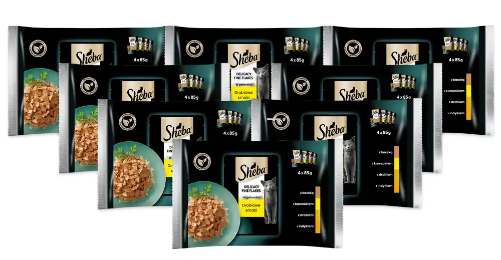 Sheba Delicacy Fine Flakes Kolekcja smaków drobiowych Karma w galaretce dla kota 8x(4x85g) PAKIET Tylko dziś
