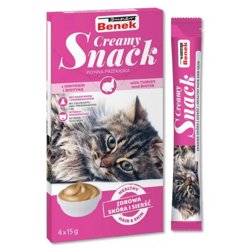 Tani SUPER BENEK Creamy Snack - płynna przekąska dla kotów z indykiem i biotyną 4x 15g