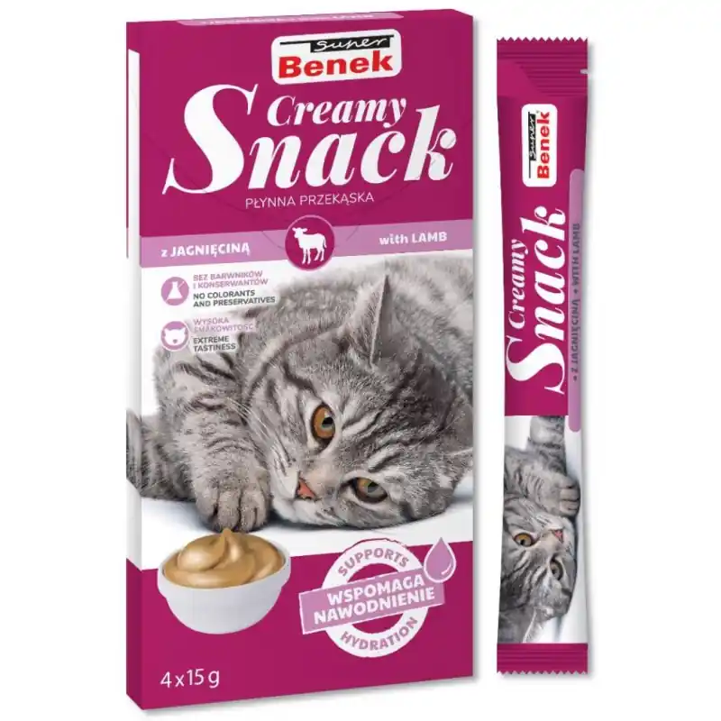 Wyjątkowa oferta SUPER BENEK Creamy Snack - płynna przekąska dla kotów z jagnięciną 4x 15g